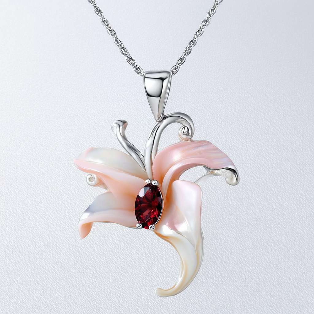 Amazon Collection Sterling Silver Garnet & Pink Shell Lily Pendant