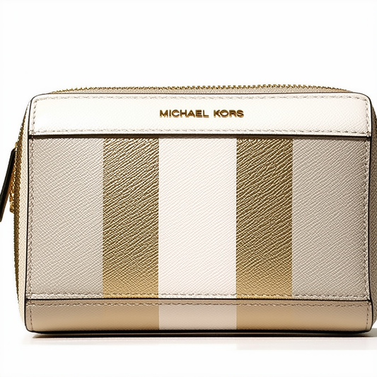 Micheal Kors Met Center Stripe Cosmetic Travel Pouch Bisque/Pale Gold