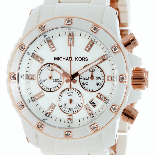 Michael Kors Women's MK5323 Chronograph White Swarovski Crystal Clear Plastic & Rose Gold Tone Watch