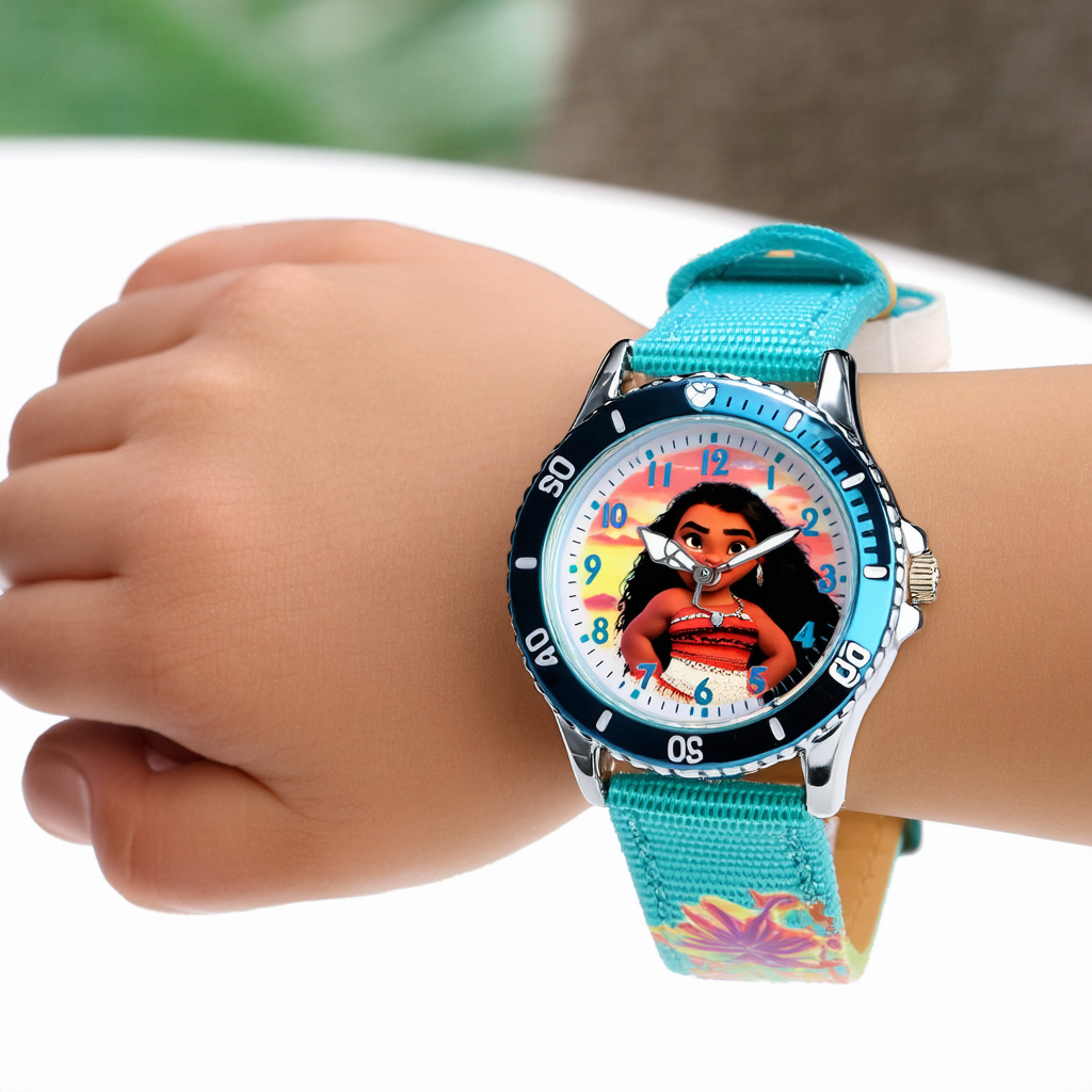 Disney Moana Kids' Bezel Stainless Steel Time Teacher Analog Nylon Strap Watch