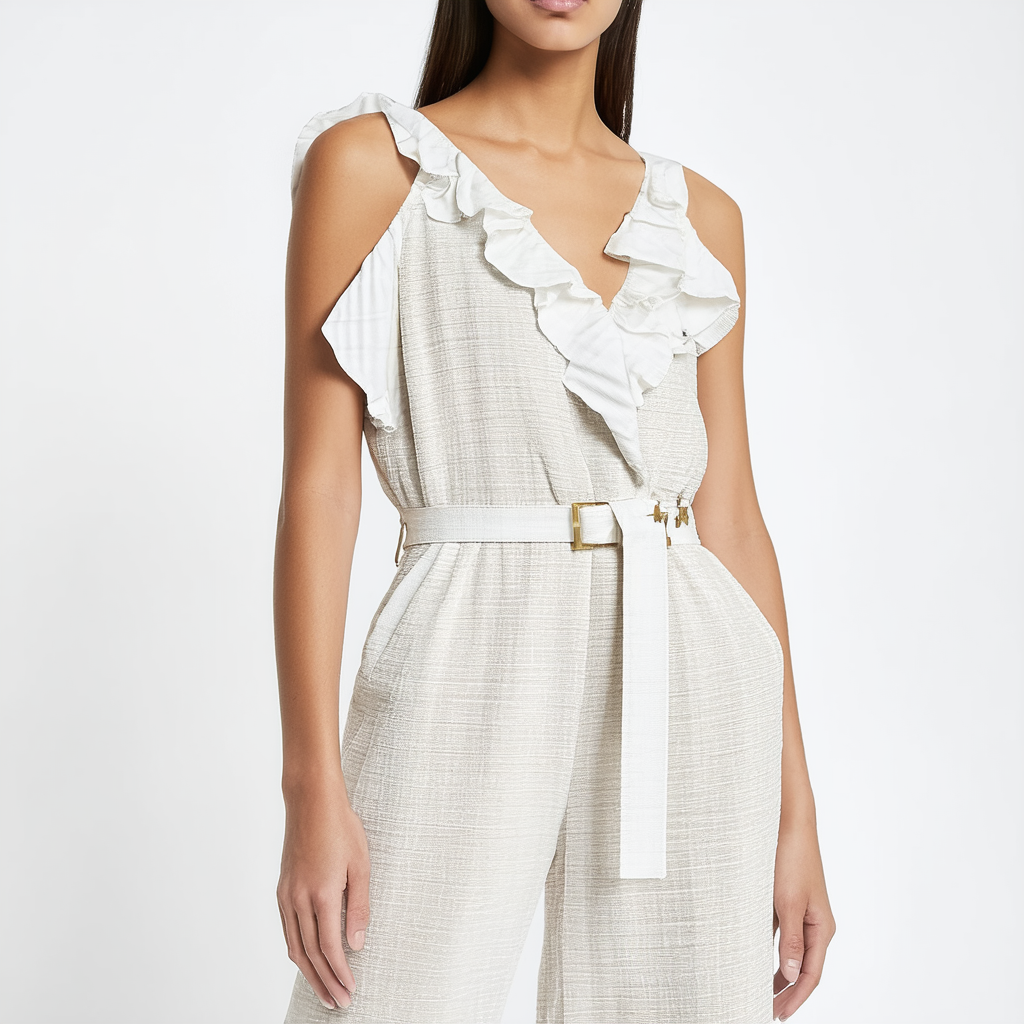 Calvin Klein Women's Sleeveless Jumpsuit with Ruffle Detail and Self Belt