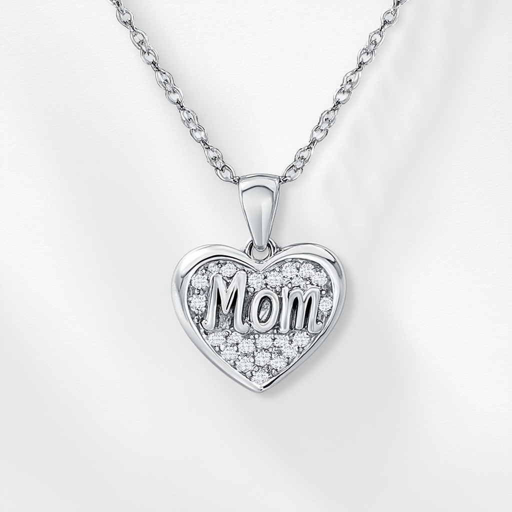 Amazon Collection Sterling Silver Diamond-Accent Mom Heart Pendant Necklace
