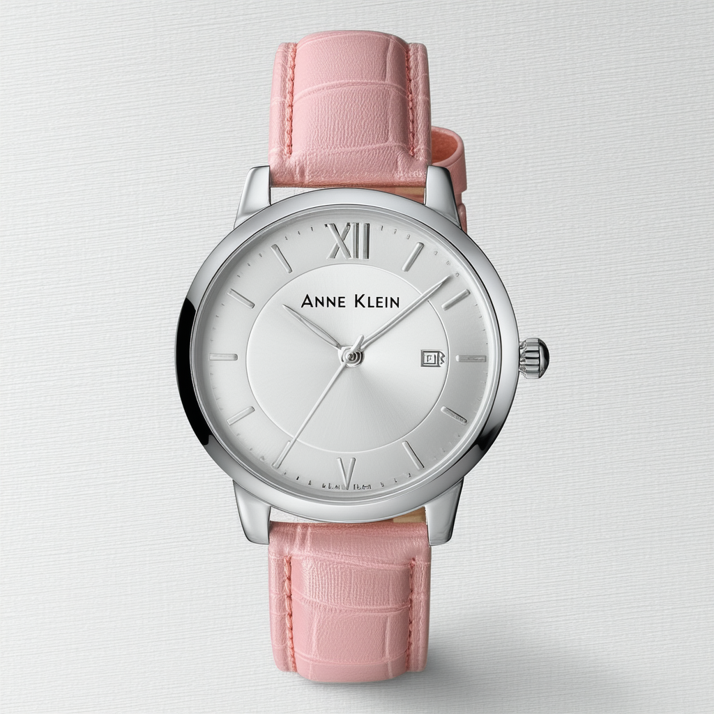 Anne Klein Women's 109003MPPK Round Silver-Tone Pink Leather Strap Watch