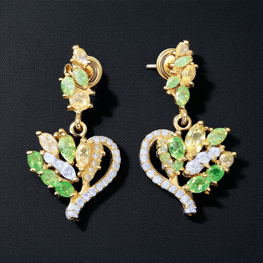 Amazon Collection 10k Gold Gemstone and Diamond Accent Leaf Heart Earrings