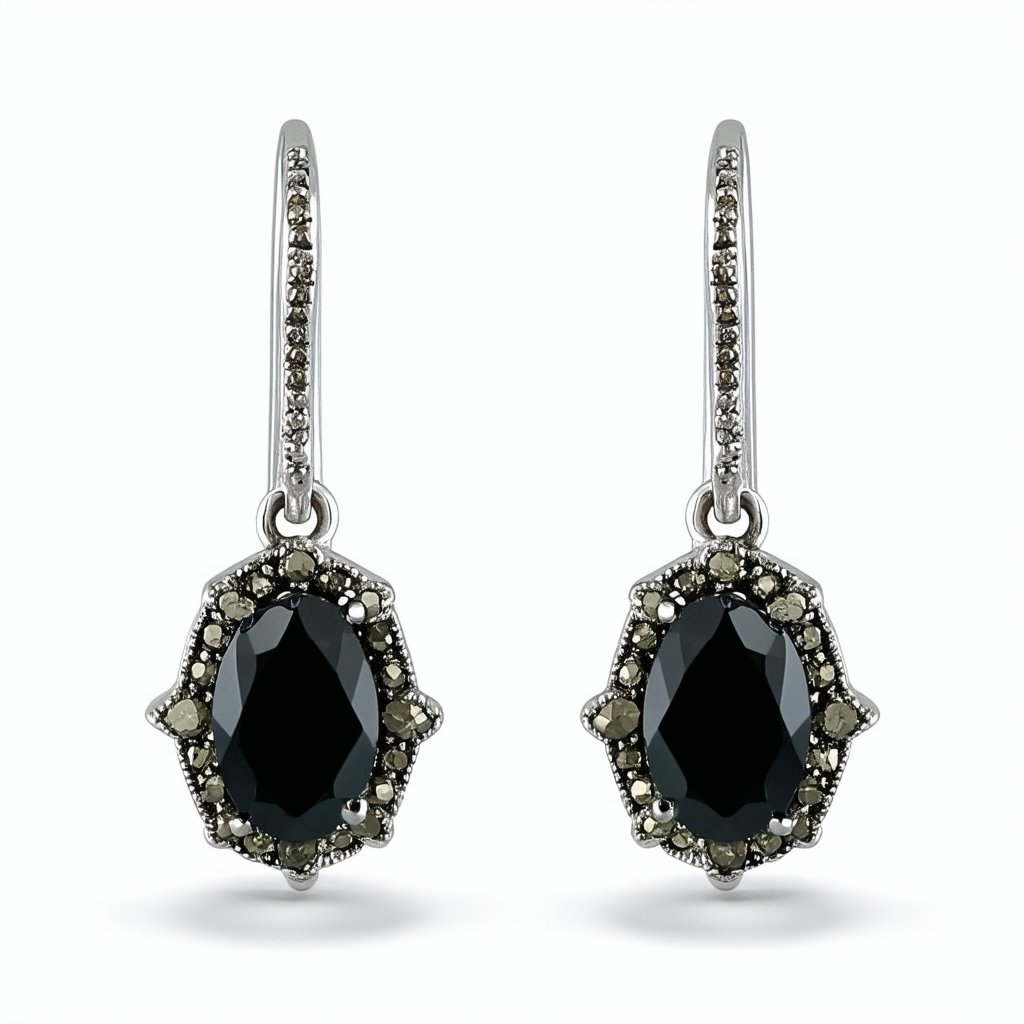 Amazon Collection Sterling Silver Marcasite and Onyx French Wire Earrings