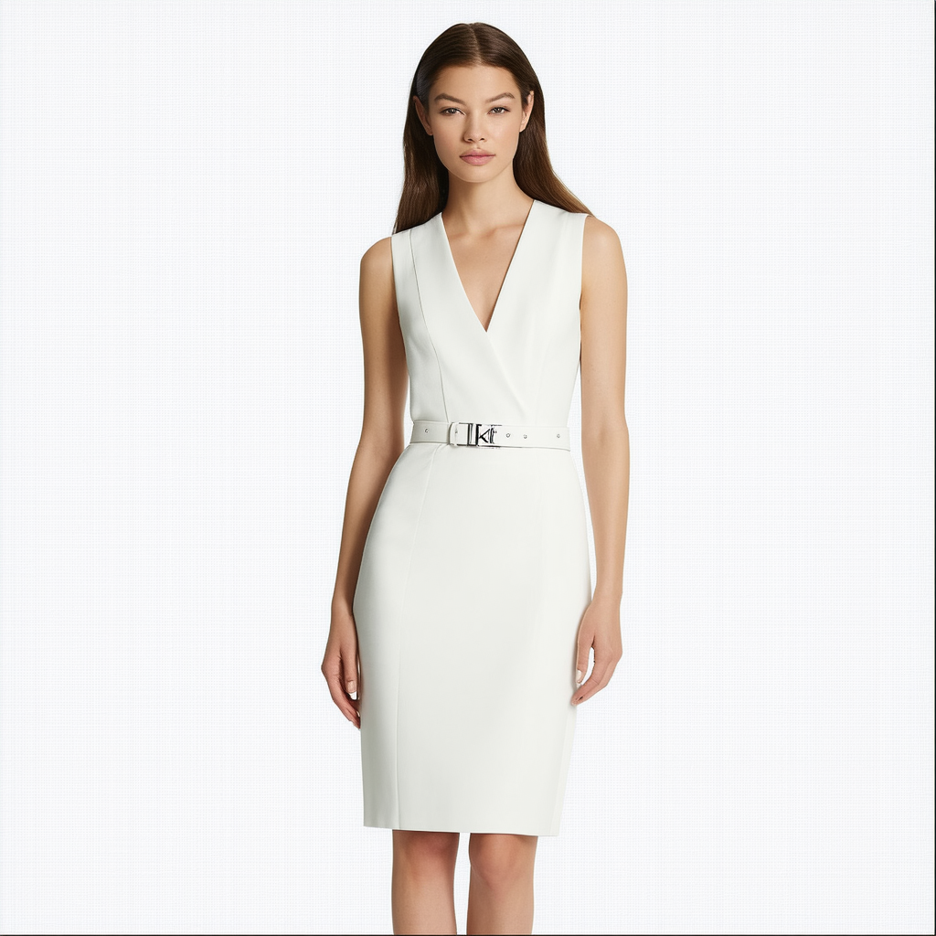 Calvin Klein Women's Sleeveless Belted Sheath with Notch V-Neckline Dress