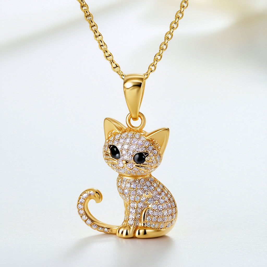 Amazon Collection 10k Yellow Gold Sparkly Cat Pendant Necklace, 19.15''