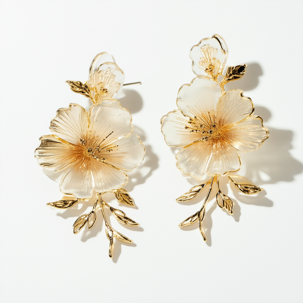 Oversized Gold Floral Earrings - Handmade Acrylic Statement Flower Earrings