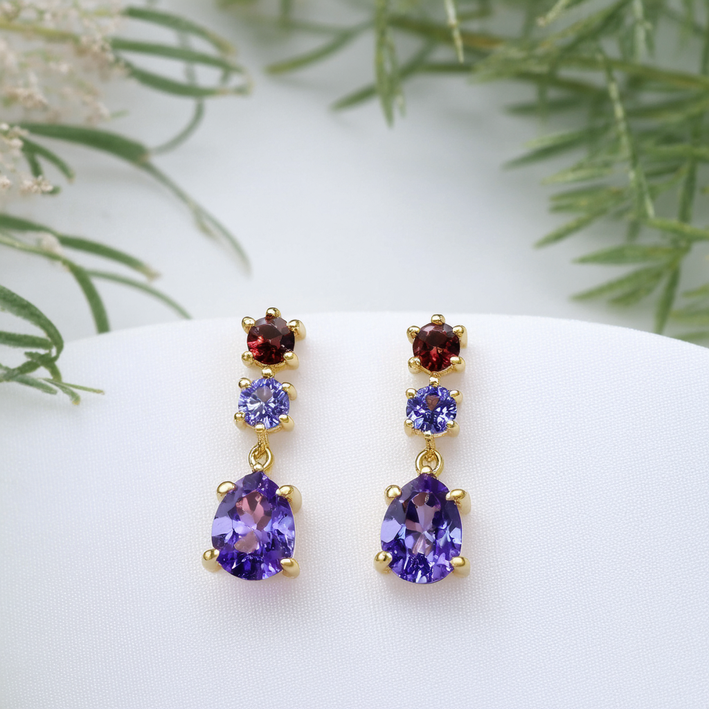Amazon Collection 14k Yellow Gold Garnet, Iolite and Amethyst Drop Earrings