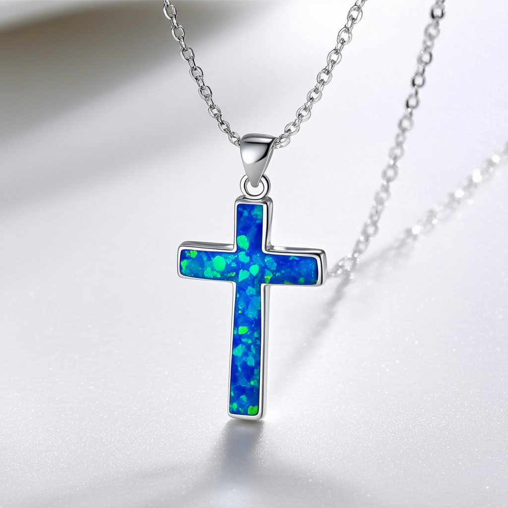Amazon Collection Sterling Silver Created Opal Cross Pendant Necklace, 18"