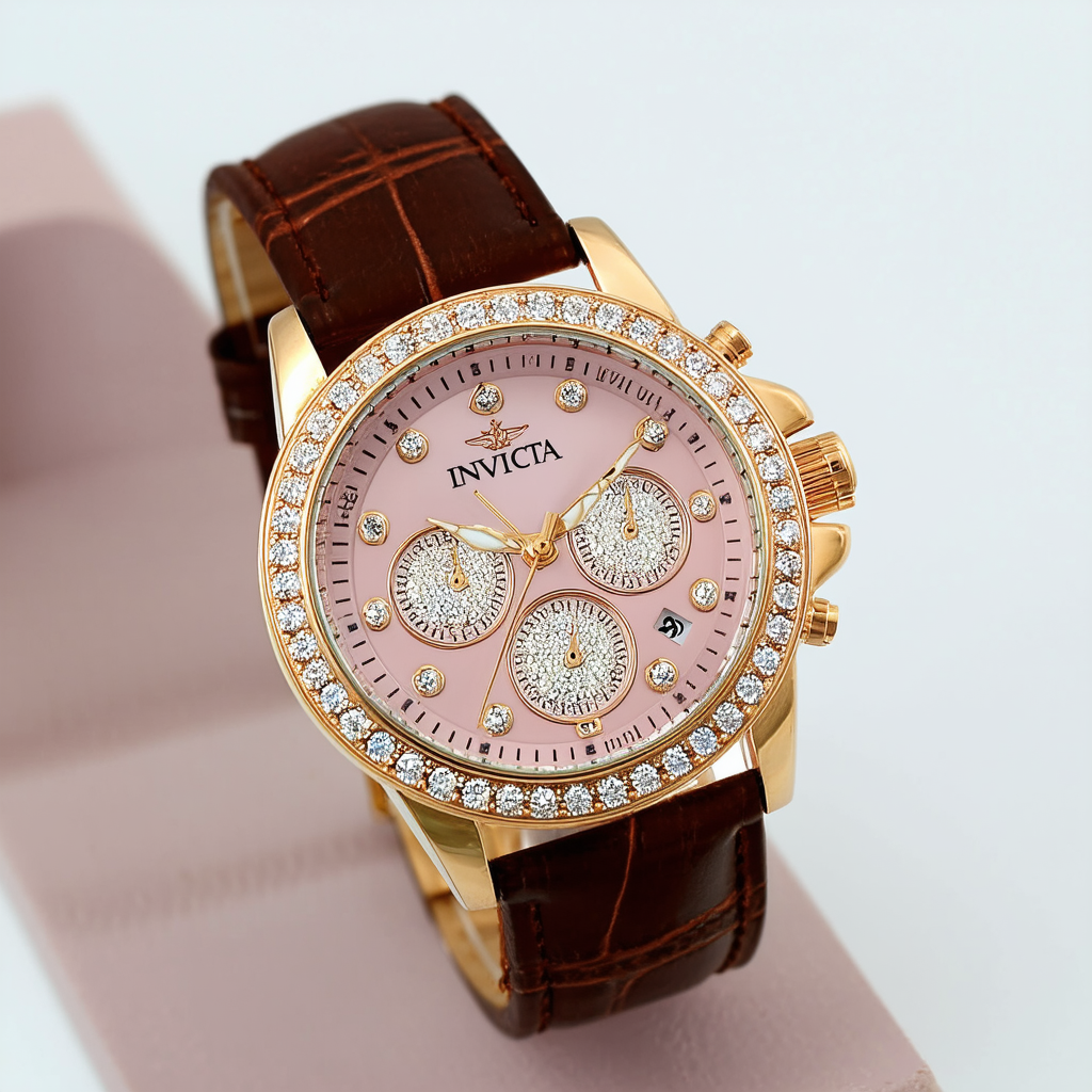 Invicta Women's 0587 Angel Diamond Accented Rose Dial Brown Leather Strap Watch