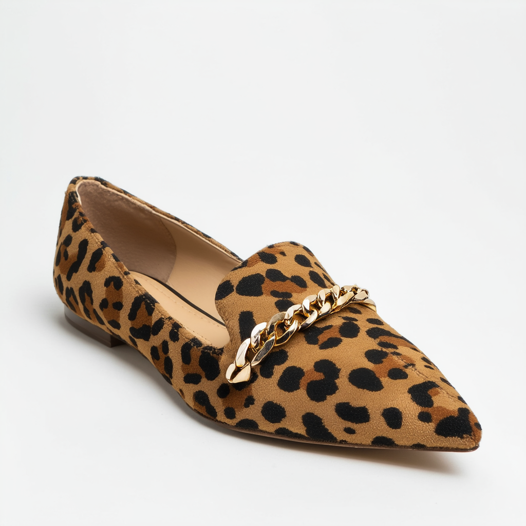 Qupid New Women Leopard Suede Chain Pointy Toe Loafer Flat BB06 - Camel