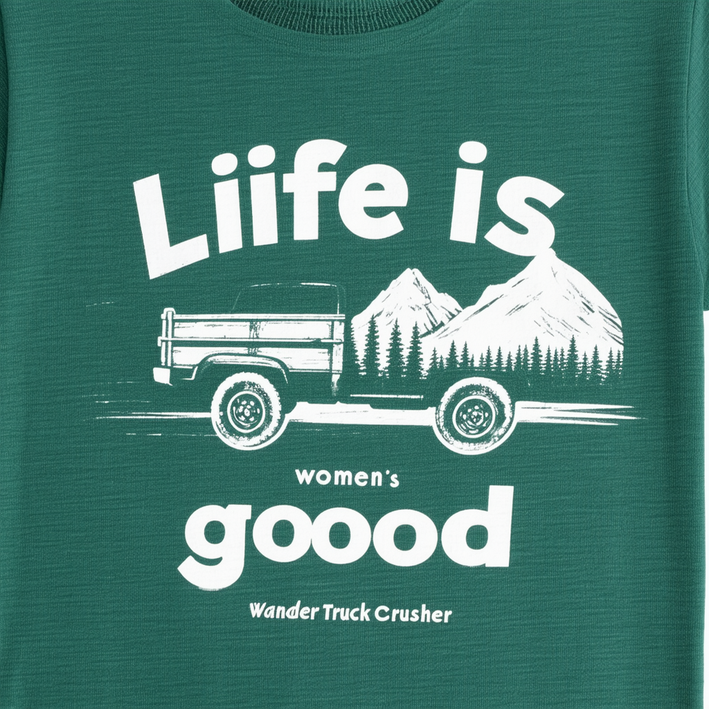 Life is good Women's Wander Truck Crusher T-Shirt (Hunter Green)
