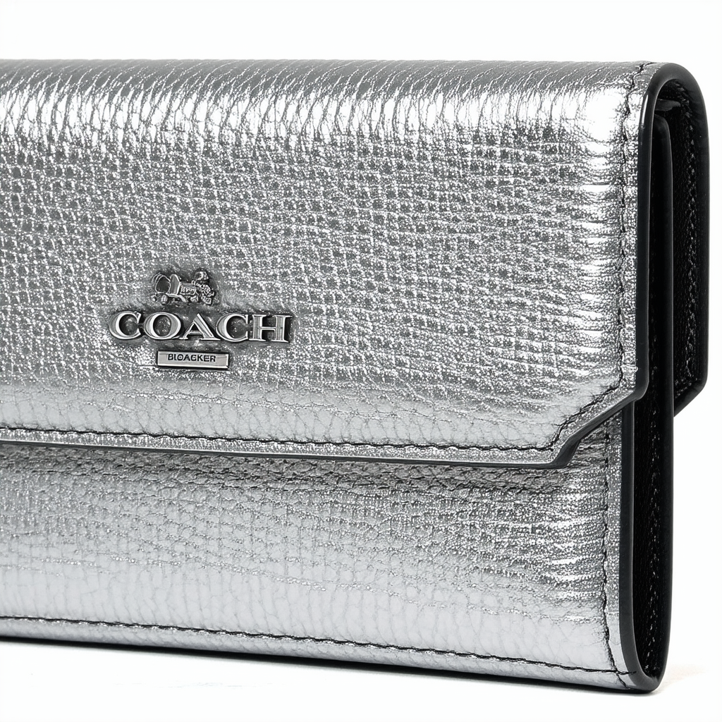 COACH 51624 Bleecker Pebbled Leather Double Zip Wallet in Silver Black
