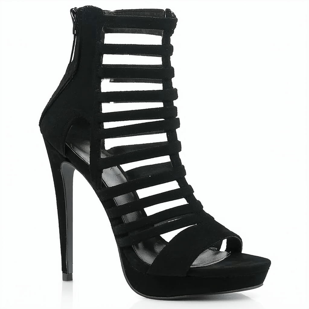 Qupid Gaze-347 Cutout Strappy Caged Platform Stiletto Sandal - Black Nubuck PU