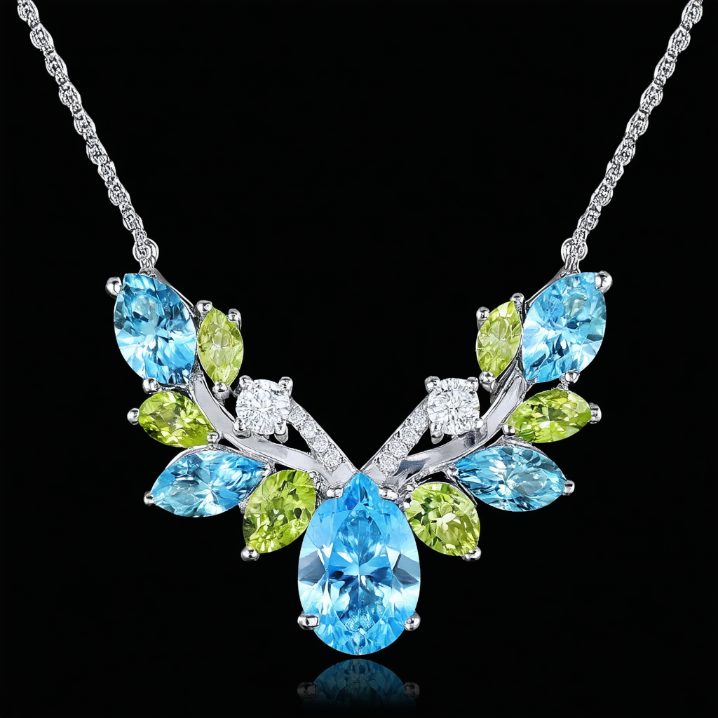 Sterling Silver Swiss Blue Topaz, London Blue Topaz, Peridot and Diamond Pendant Necklace, 18"