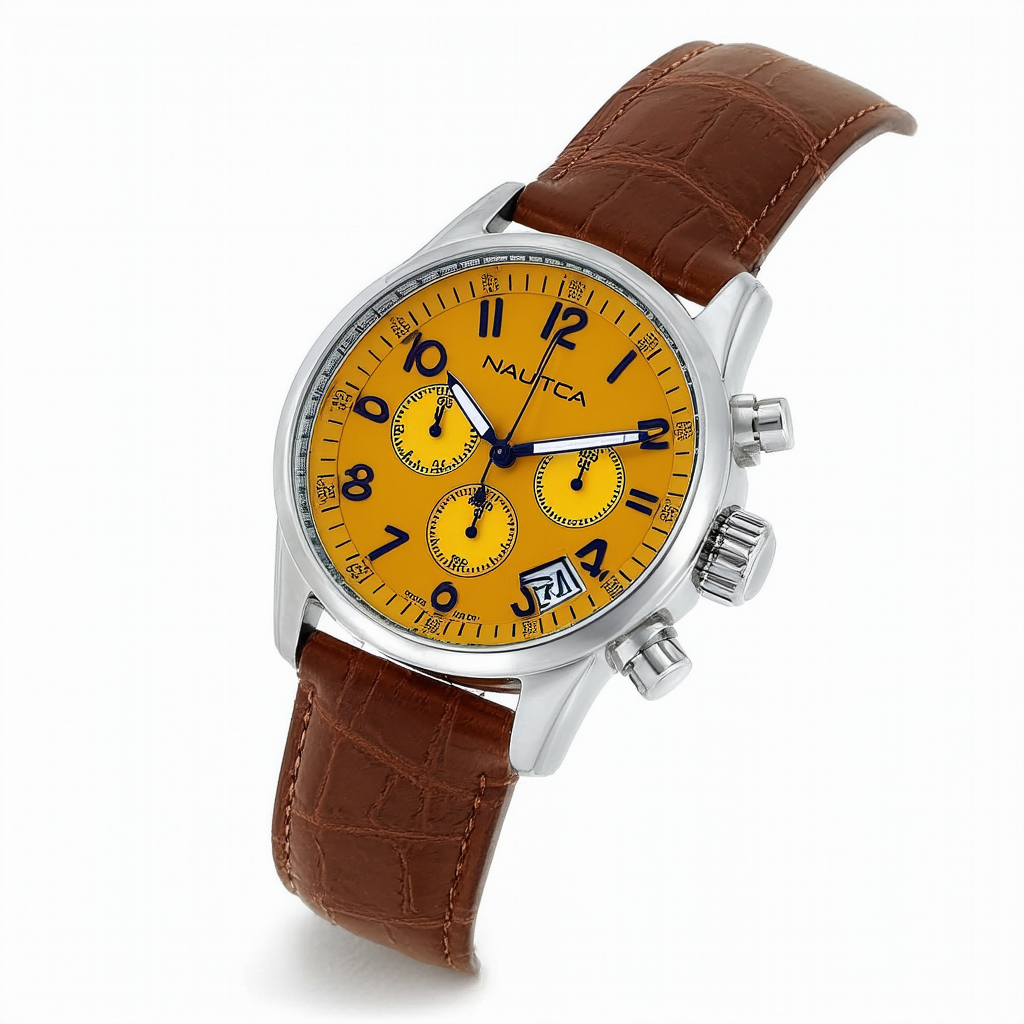 Nautica Men's N19564G BFD 101 Chronograph Mustard Dial Brown Leather Watch