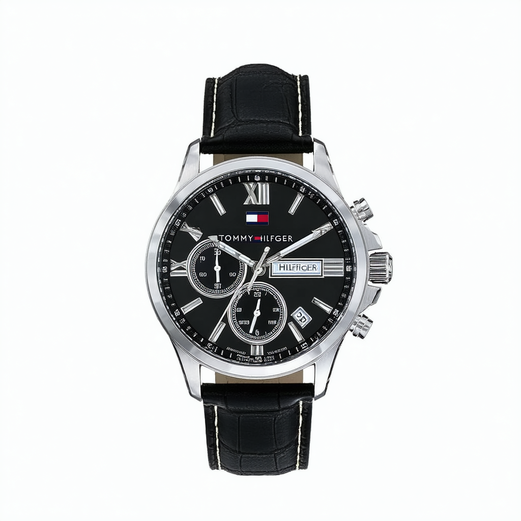 Tommy Hilfiger Men's 1790729 Subdial Stainless Steel and Black Leather Strap Watch