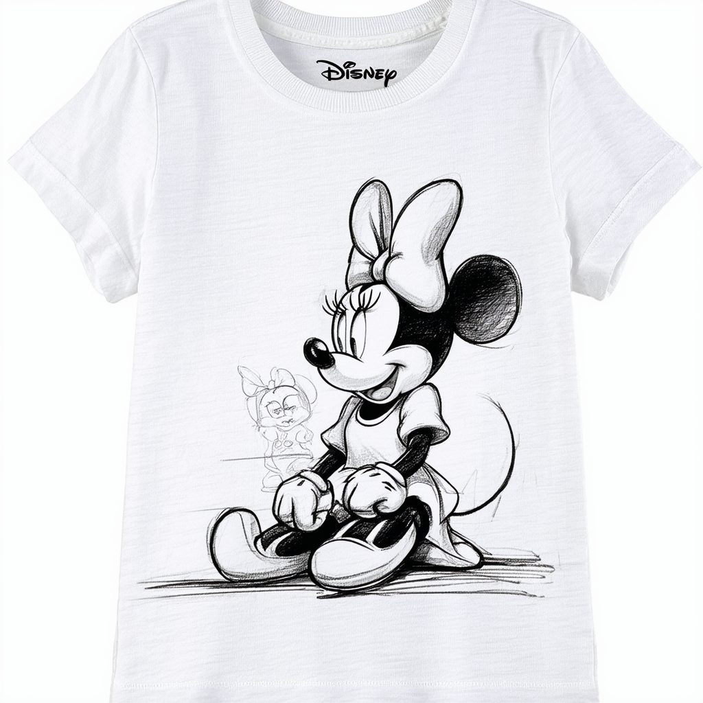 Disney Characters Sitting Minnie Sketch Girl's Solid Crew Tee