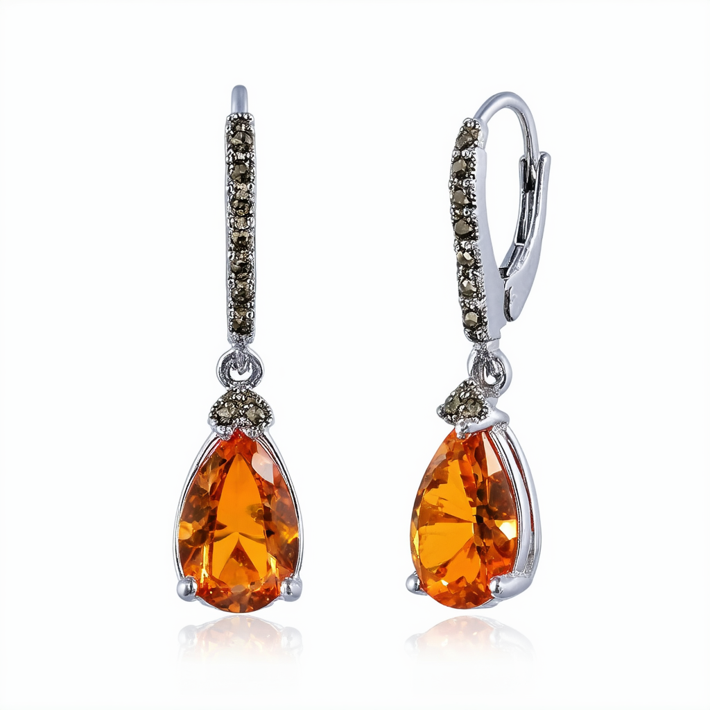 Amazon Collection Sterling Silver Marcasite and Orange Glass Teardrop Earrings