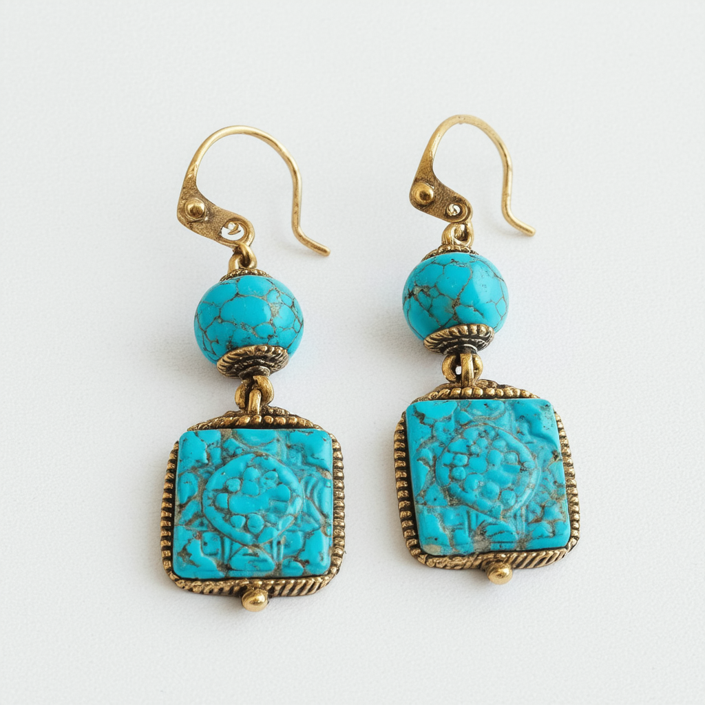 Turquoise Brass Earrings Traditional Earrings Jewellery Boho Earrings Gothic Jewelry Tribal Earrings