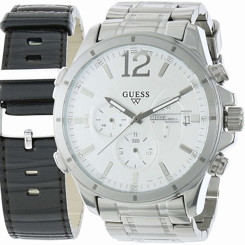 GUESS Men's U0275G1 Handsome Sport Silver-Tone Interchangeable Strap Watch