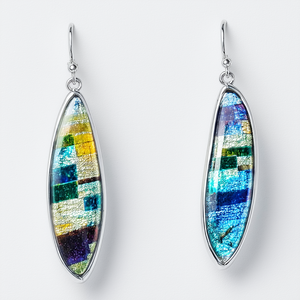 Amazon Collection Sterling Silver 925 Dichroic Glass Multi-Color Long Drop Earrings