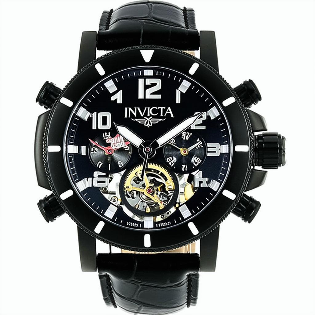 Invicta Men's 14214 Russian Diver Automatic See-Thru Dial Black Leather Watch