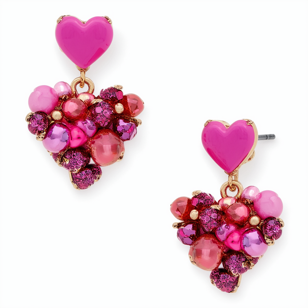 Betsey Johnson "Happy Pretty" Pink Mixed Bead Cluster Heart Drop Earrings