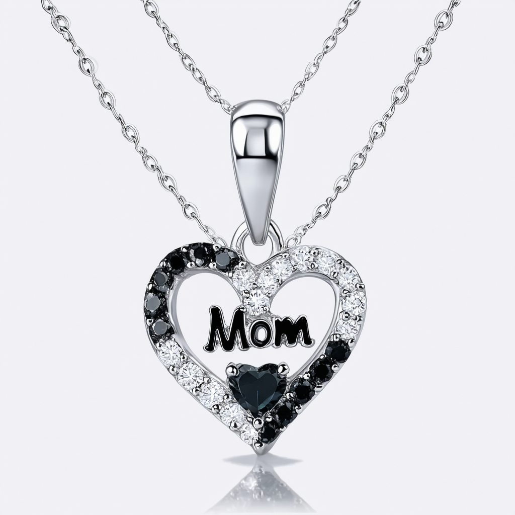 Amazon Collection Sterling Silver Black and White Diamond Double Heart Mom Pendant Necklace , 18"