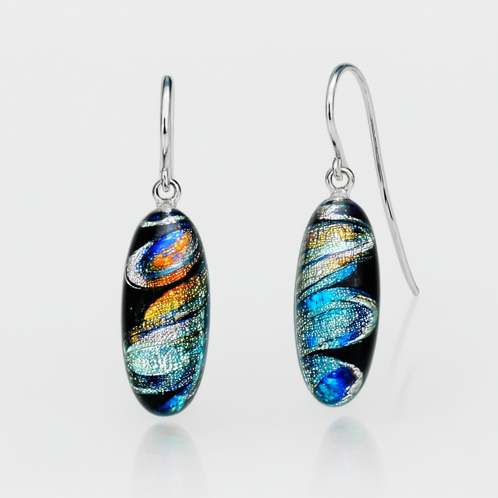 Amazon Collection Sterling Silver Dichroic Glass Multi-Color Swirl Oval Earrings