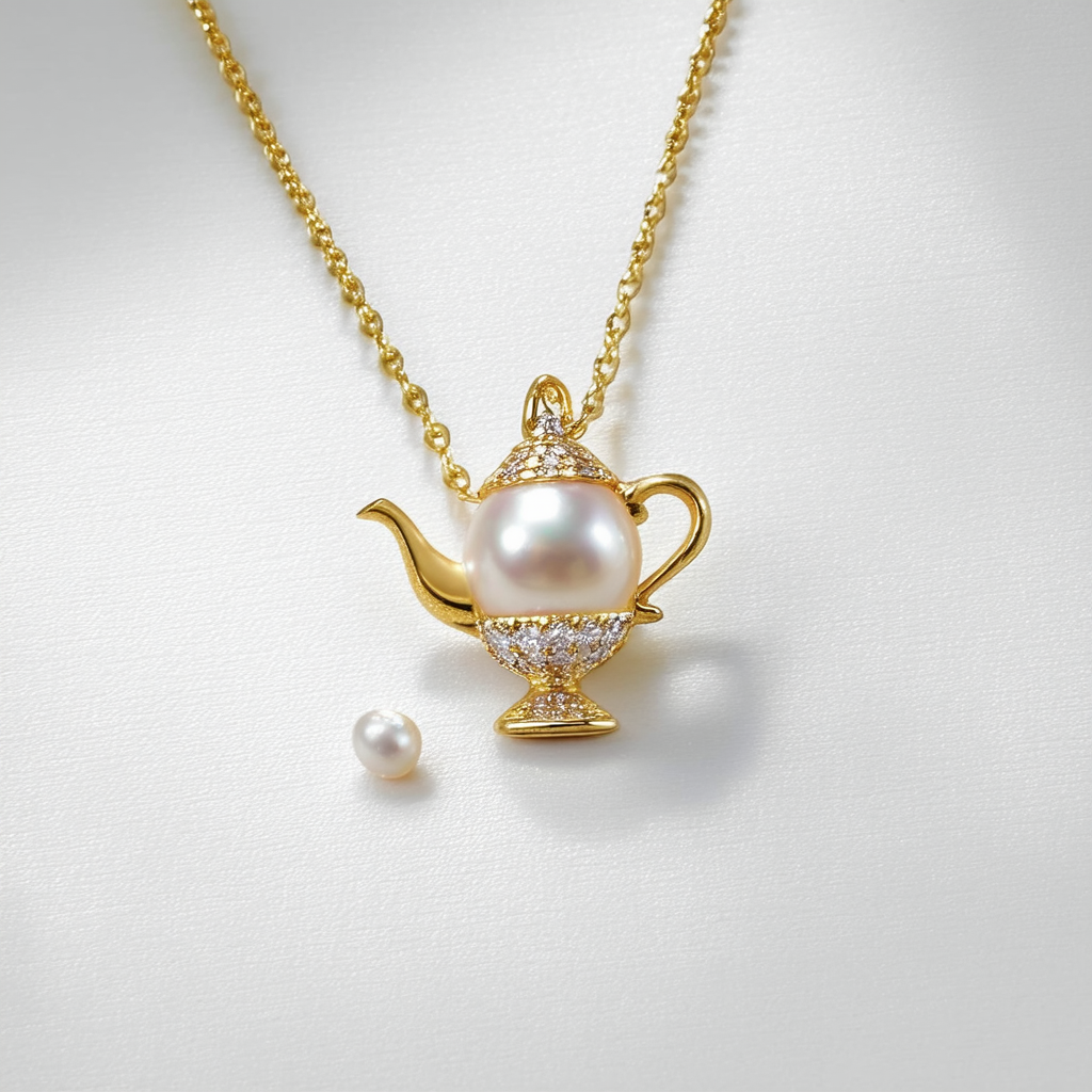 Amazon Collection 10k Yellow Gold Freshwater Cultured Pearl and Diamond Teapot Pendant Necklace, 18"