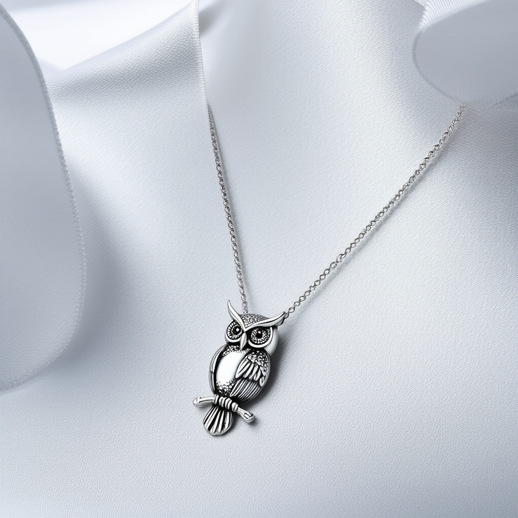 Amazon Collection Rhodium Plated Sterling Silver Owl Pendant Necklace, 18"