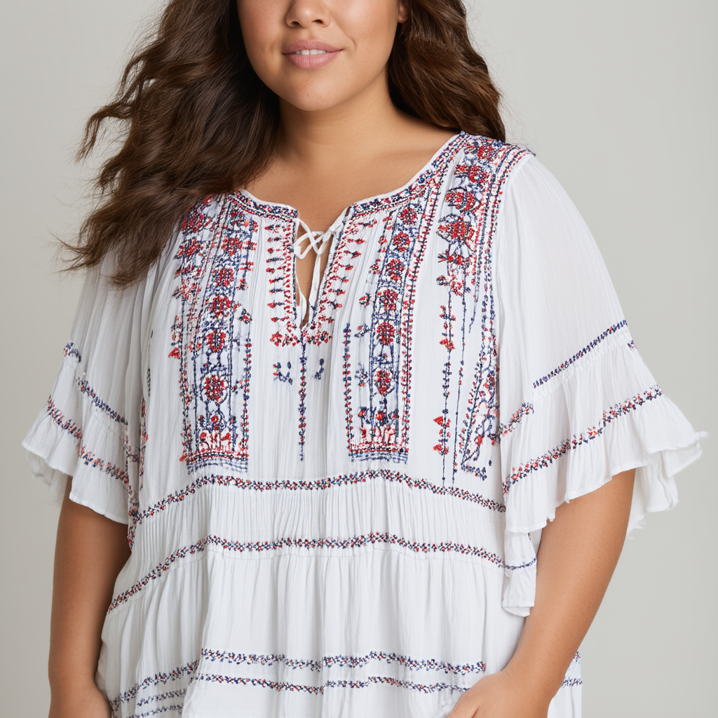 Lucky Brand Women's Plus Size Embroidered Ruffle Sleeve Top