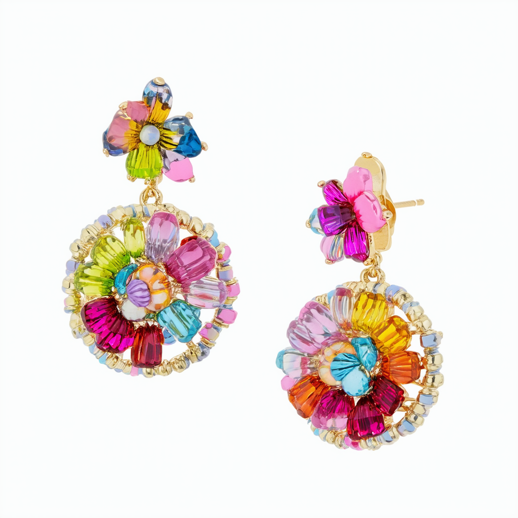 Betsey Johnson"Weave and Sew" Woven Mixed Multi-Colored Bead Flower Round Drop Earrings