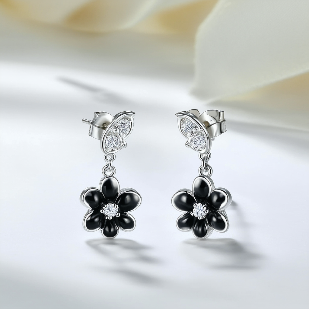 Amazon Collection Sterling Silver Black and White Enamel and White Topaz Flower Earrings