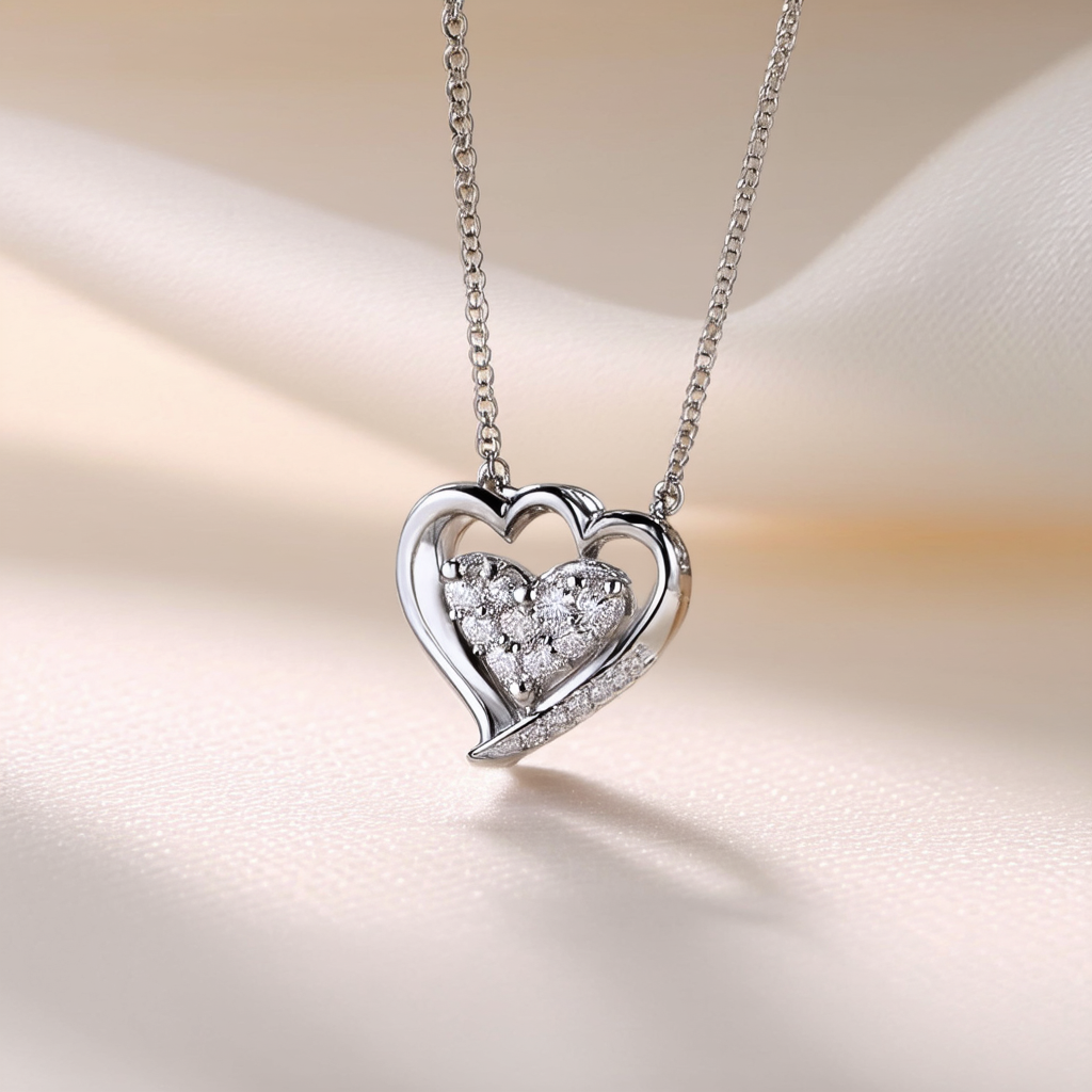 Amazon Collection 10K White Gold Diamond Double Heart Pendant Necklace (1/10 cttw), 18"