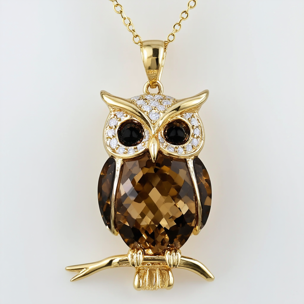 Amazon Collection 10k Yellow Gold Smokey Quartz and Diamond Accent Owl Pendant, 18"