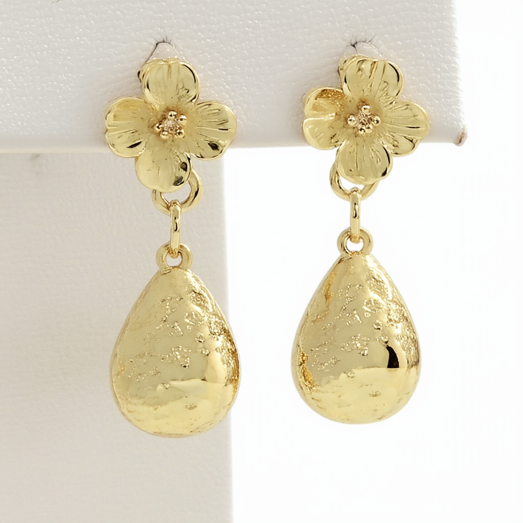 Amazon Collection 10k Yellow Gold Floral Pear Dangle Earrings