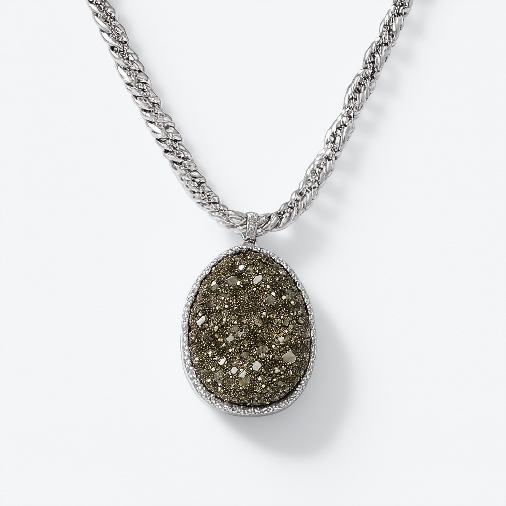 Amazon Collection Sterling Silver Marcasite and Platinum Druzy with Chain Pendant Necklace