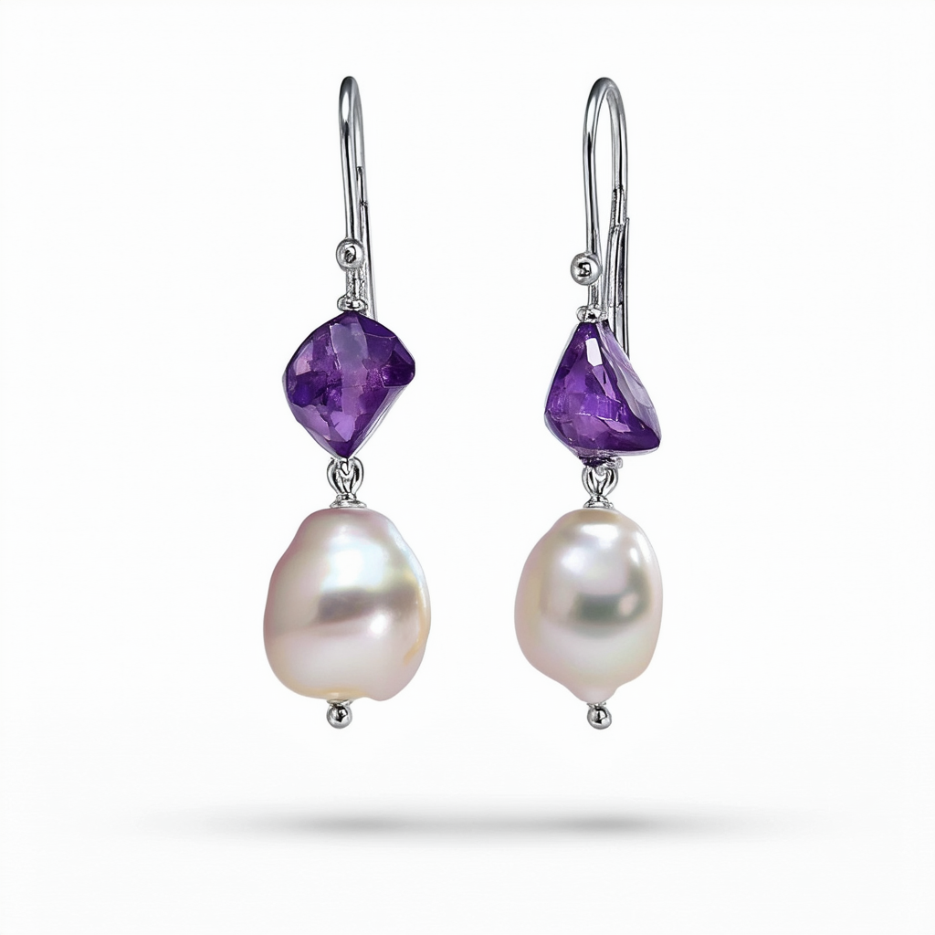 Amazon Collection Amethyst and Freshwater Cultured Pearl Dangle Earrings with Sterling Silver Hooks