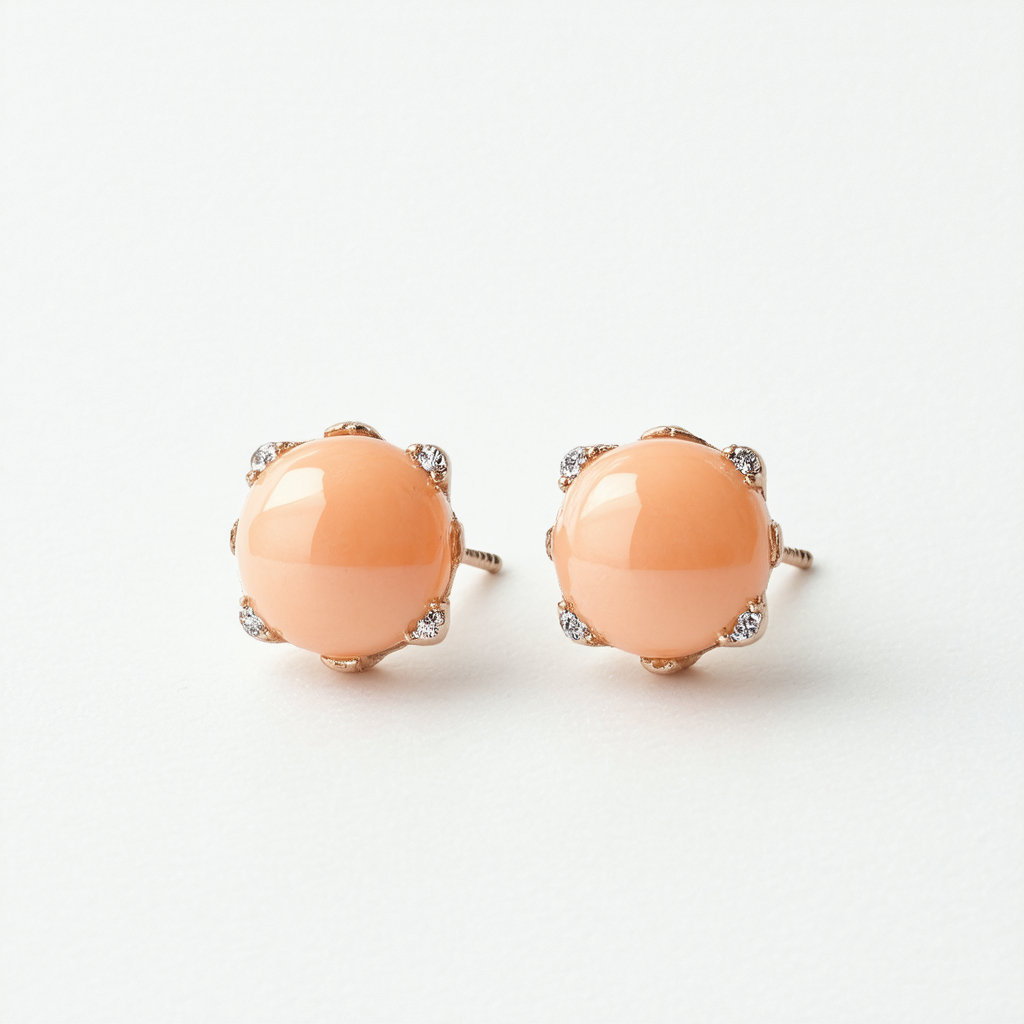Peach Cabochon and Crystal Button Earrings