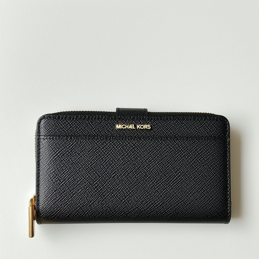 Michael Kors Black Gold Jet Set Travel Checkbook Wallet OSFA