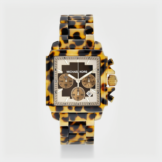 Michael Kors Women's Leopard Print Square Quartz Day Date Chronograph Link Bracelet MK5497