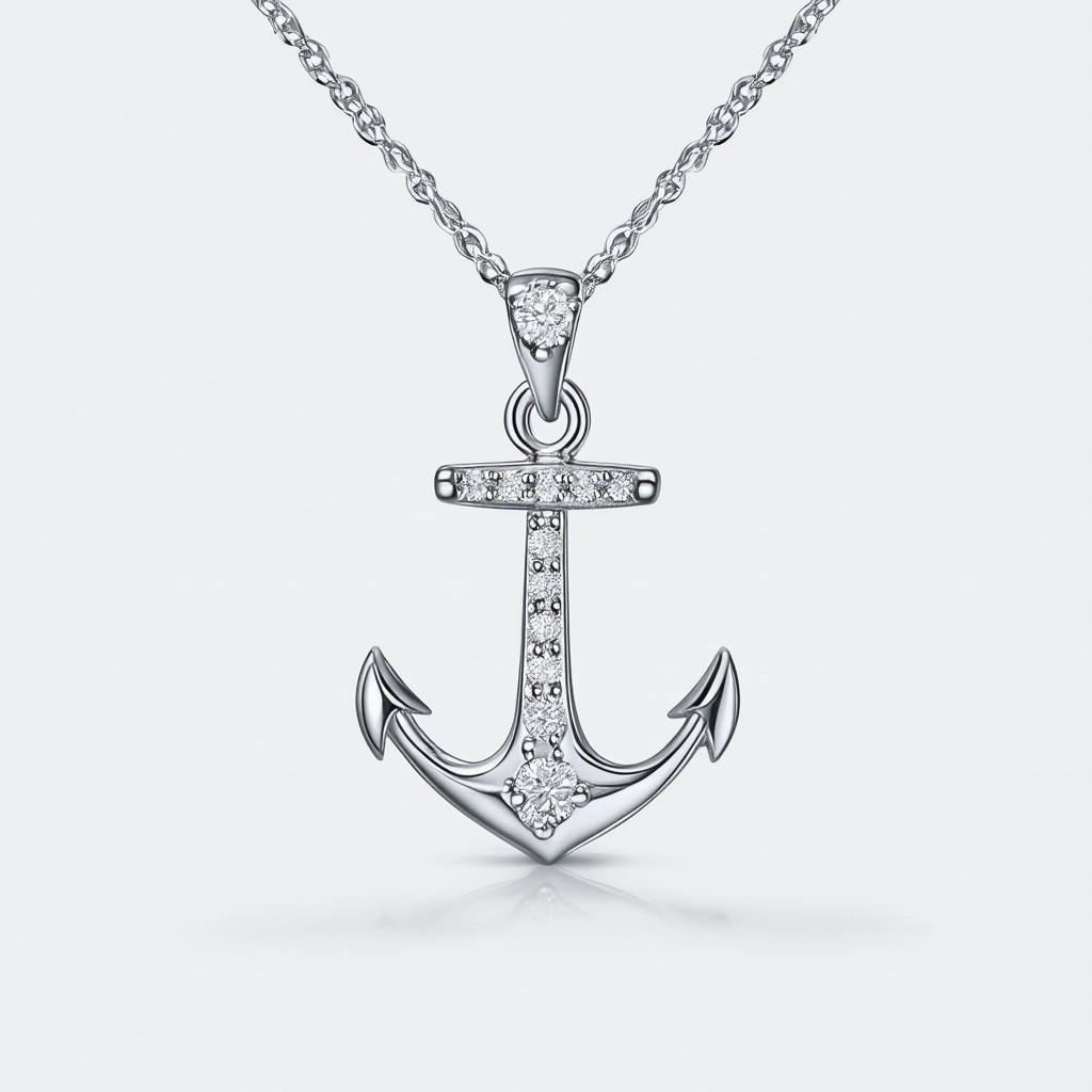 Amazon Collection Sterling Silver 1/10 cttw Diamond Anchor Pendant Necklace, 18"