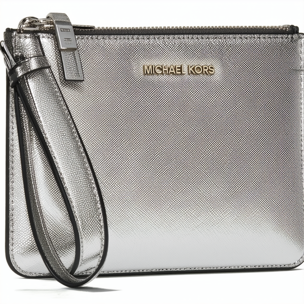 Michael Kors MK Signature Mirror Metallic Large Zip Clutch Wristlet Nickel
