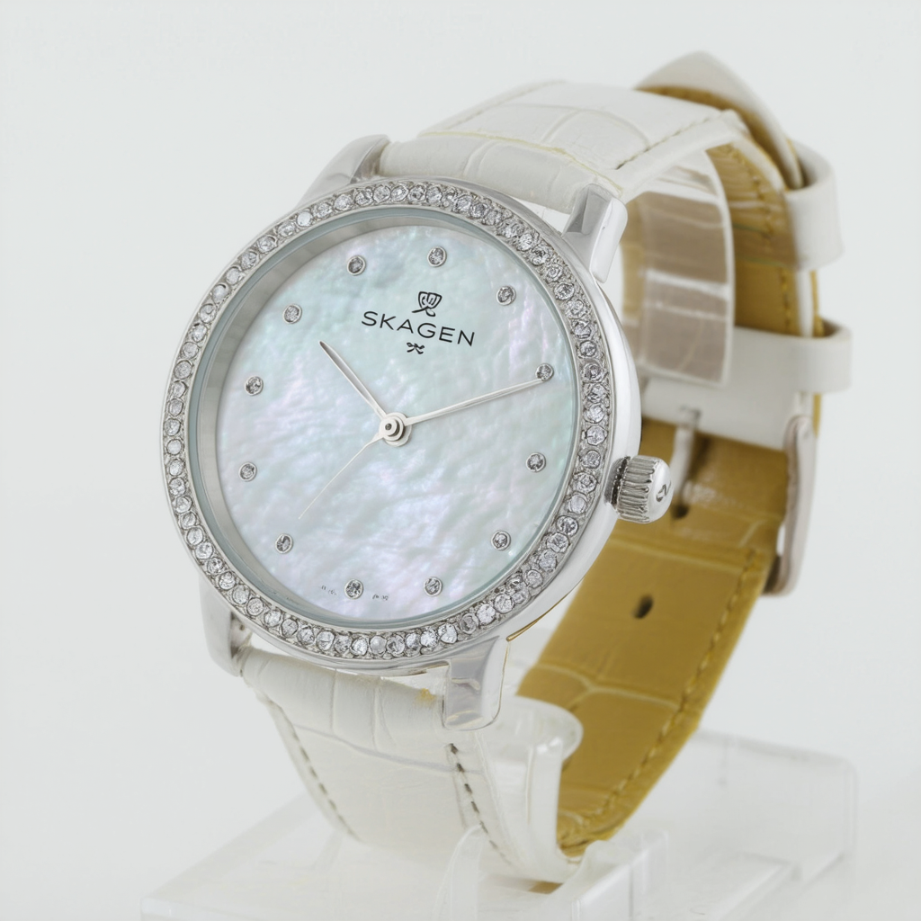 Skagen Women's 630SMLM SKAGEN Denmark Mother-Of-Pearl Dial Crystal Accented Leather Band Wo Watch