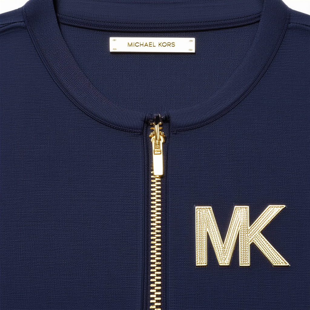Michael Kors Womens Short Sleeve Shirt Gold Zipper MK Logo Navy Blue