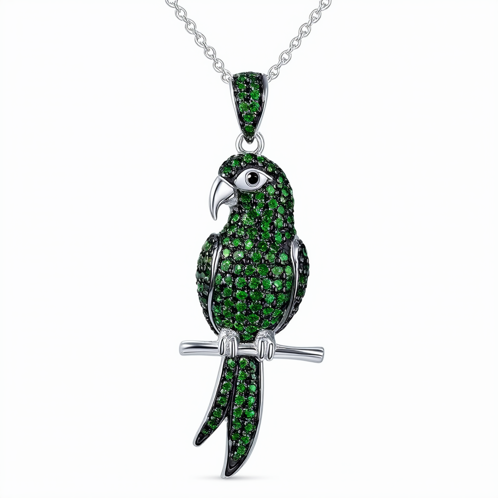 Amazon Collection Sterling Silver Black and Green Cubic Zirconia Parrot Pendant Necklace, 18"