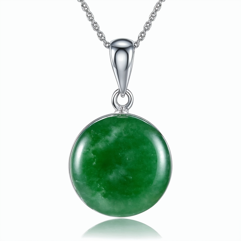 Amazon Collection Sterling Silver Round Jade Pendant, 18"